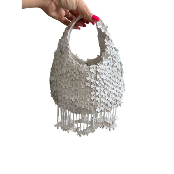 FLORAL White Appliqué Handbag With Beaded Fringe - Picture 2 of 8